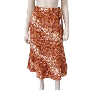Nicole Miller Skirt Women Large OrangeFloral Faux Wrap Linen Midi NWT